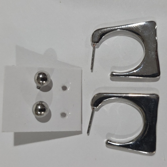 Silver Geometric Hoop & Stud Earrings Set – Modern Minimalist Fashion Jewelry - Picture 3 of 11